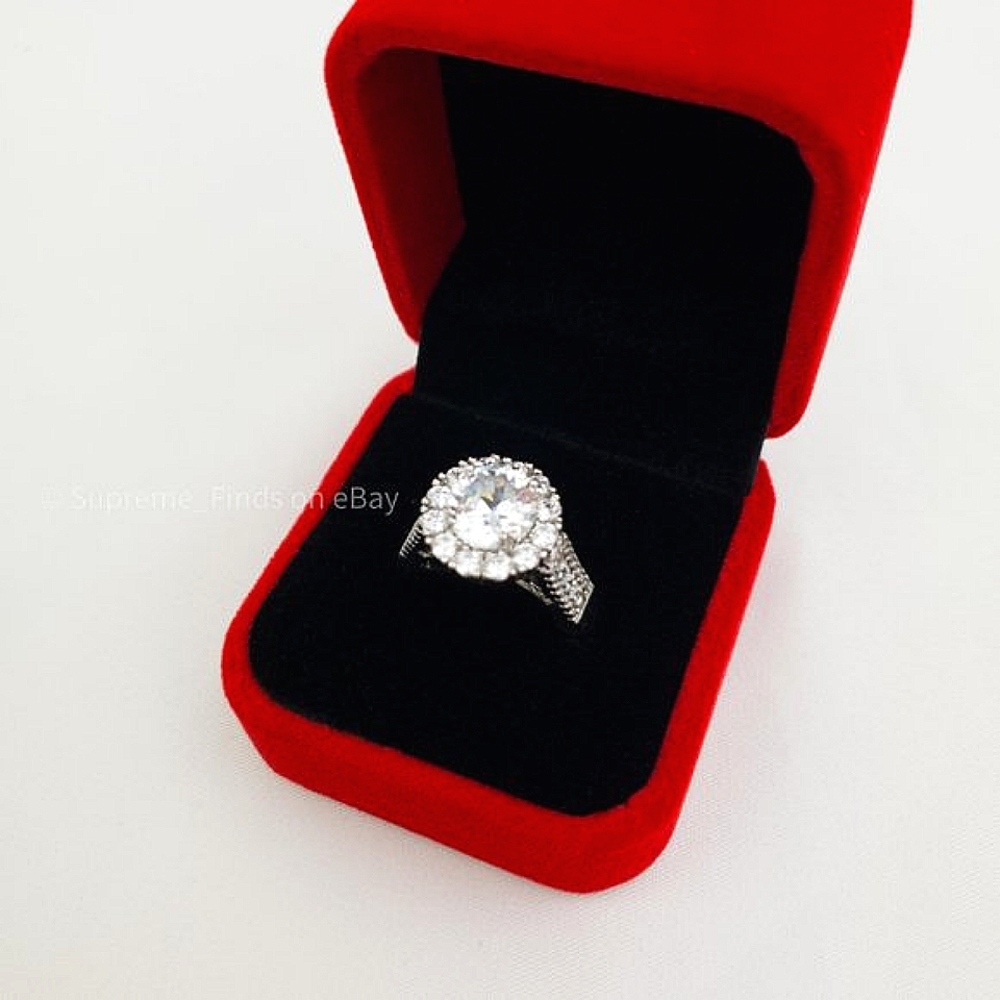NEW 18K WHITE GOLD ROUND DIAMOND HALO RING w/Red Velvet Gift box - Picture 8 of 10